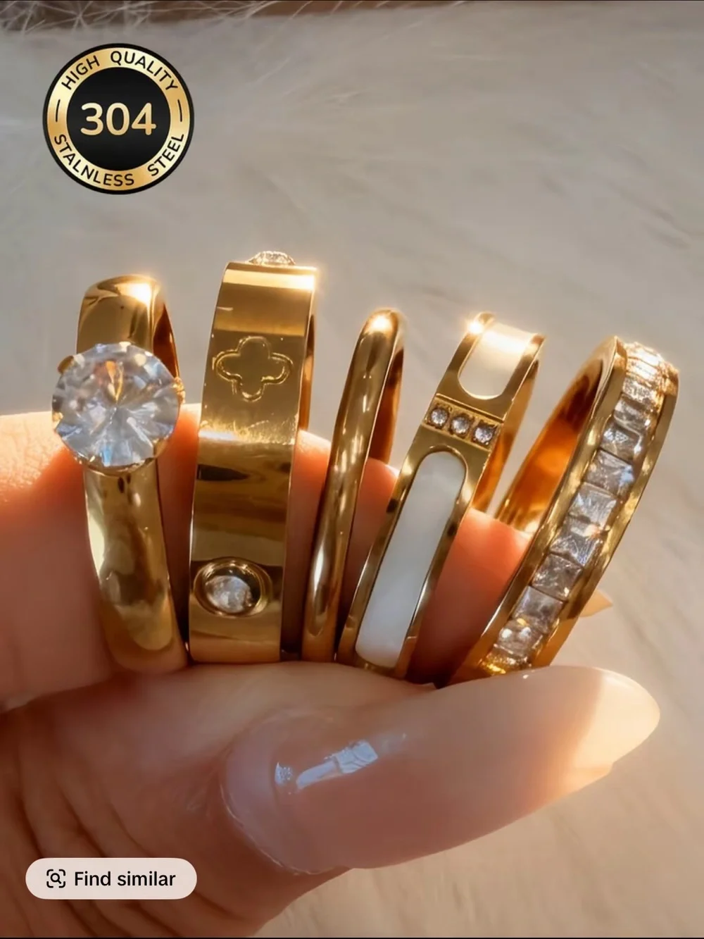 Gold Stainless Steel Women's Ring Set with White Accents
